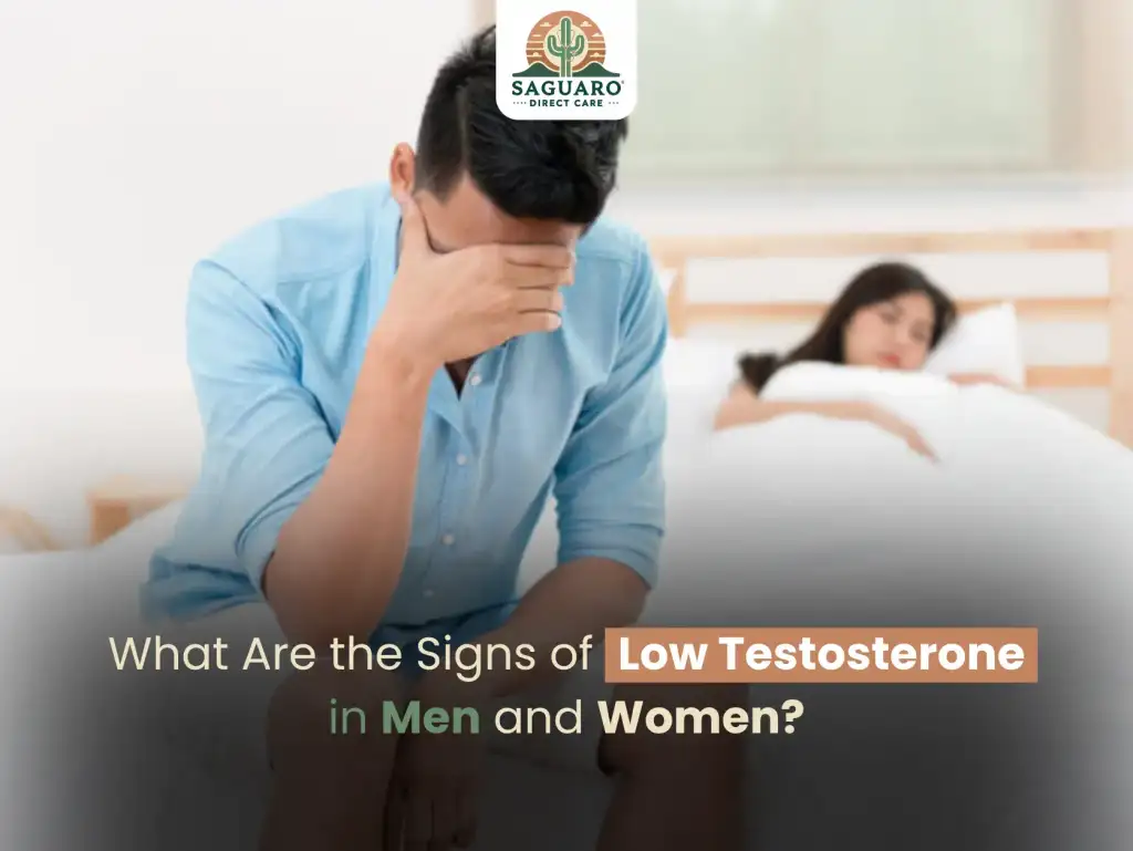 Man Sitting on Bed Appearing Stressed with Woman Lying Behind