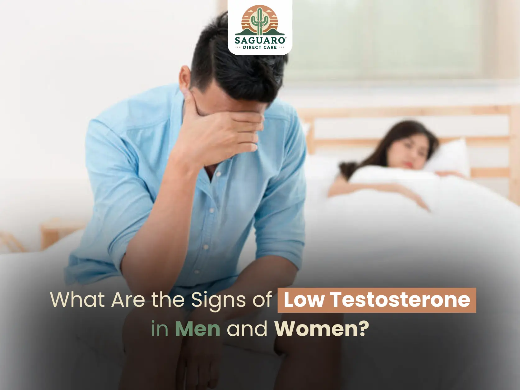 Man Sitting on Bed Appearing Stressed with Woman Lying Behind