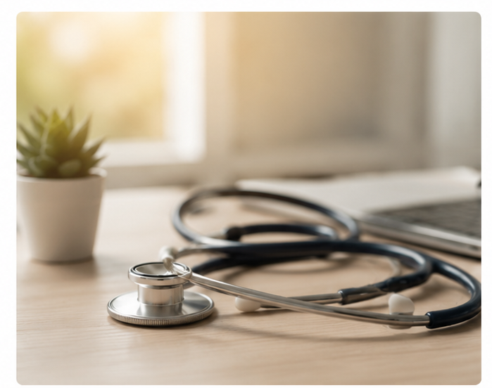 Stethoscope and Laptop on Wooden Desk Near Window at Medical Office