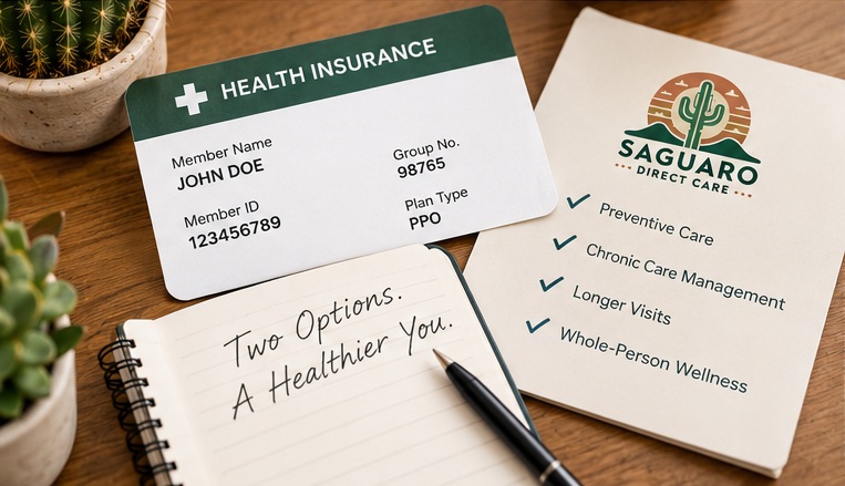 Health Insurance Card and Saguaro Direct Care Options on Desk