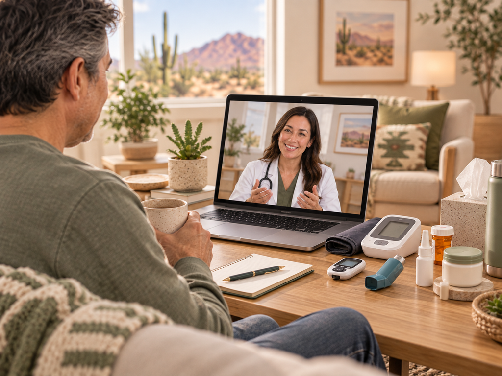 Man Video Calling With Primary Care Doctor Near Me from Cozy Living Room