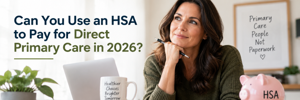 Woman Thinking with Pen, Beside Piggy Bank and Coffee Mug, HSA Question