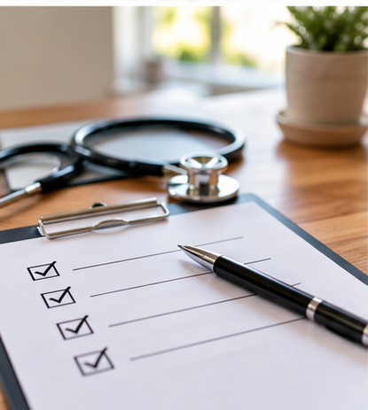 Checklist and Pen on Clipboard with Stethoscope and Potted Plant Nearby