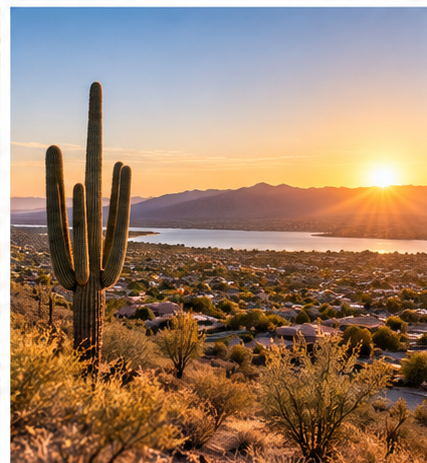 Scenic View of Lake Havasu City at Sunset with Saguaro Cactus