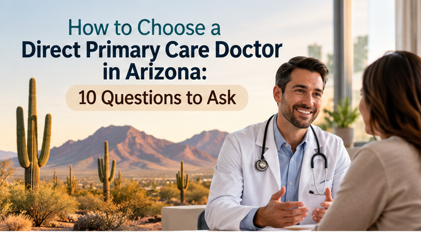 Doctor Consulting Patient in Desert Landscape with Mountains and Cacti